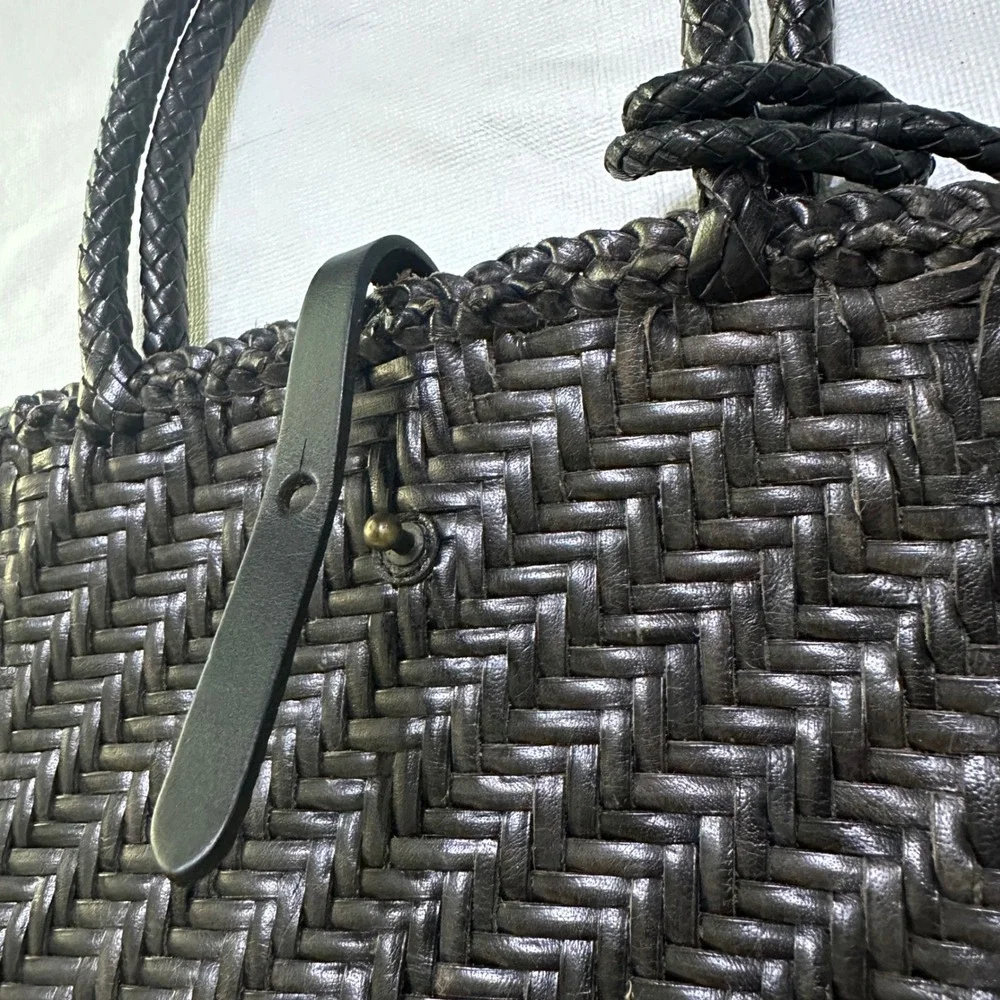 Handcrafted Woven Leather Tote Bag Dark Brown Braided Handles Market Basket Boho